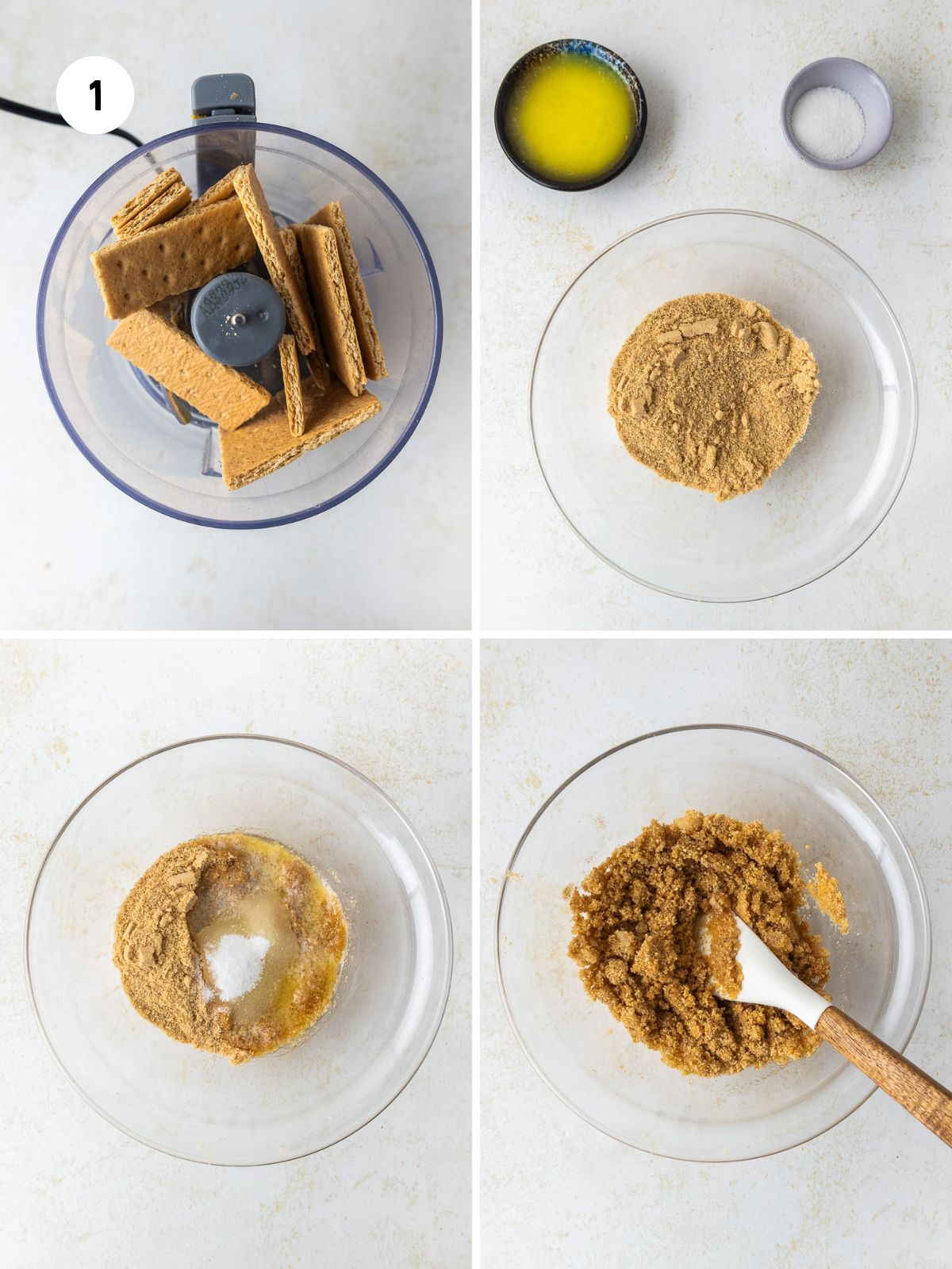 collage of steps making the graham cracker crust