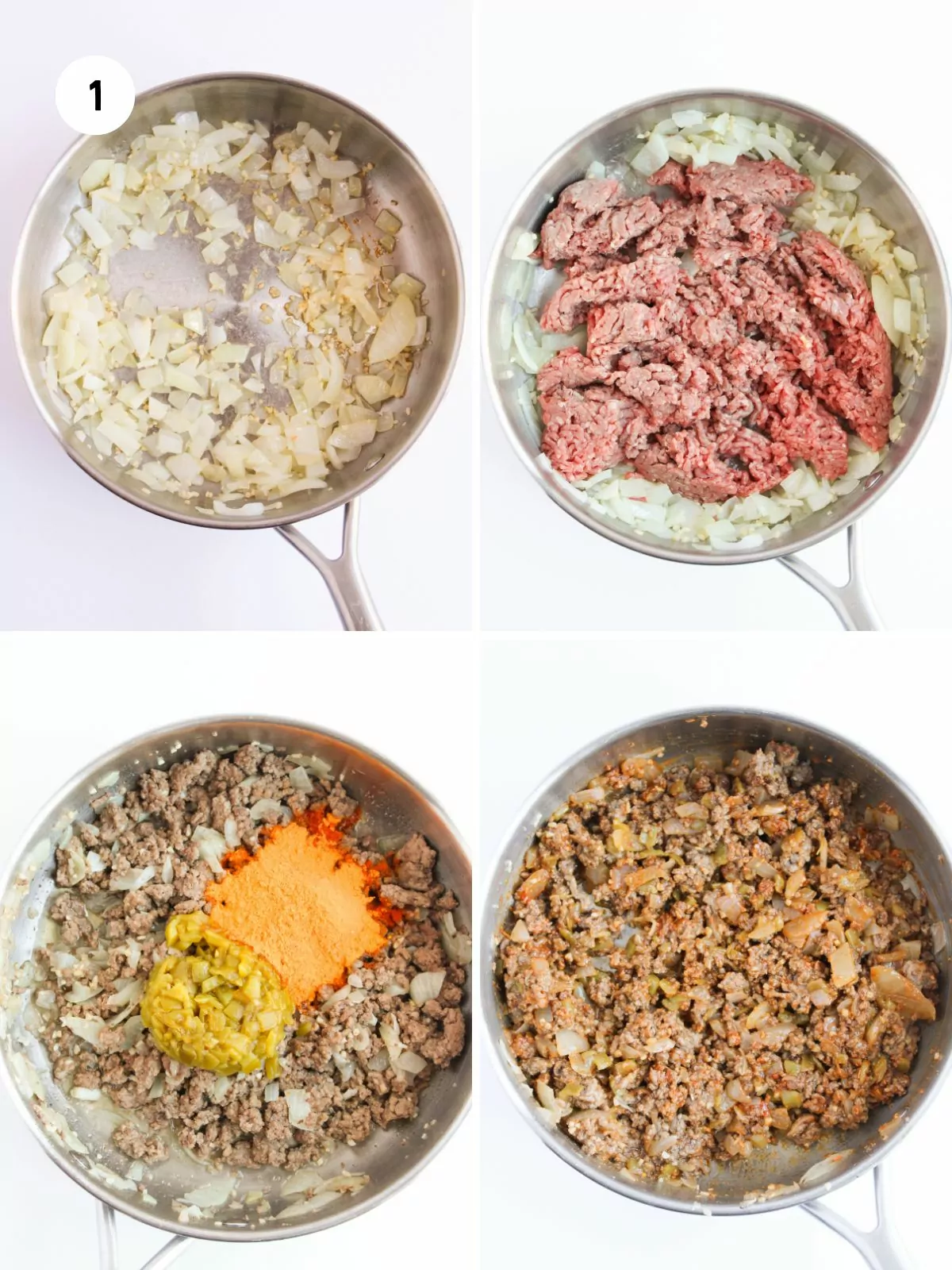 grid of 4 photos showing the steps to make the beef filling. Pan of diced onions, then ground beef added, then seasoning and chiles added, then completed filling