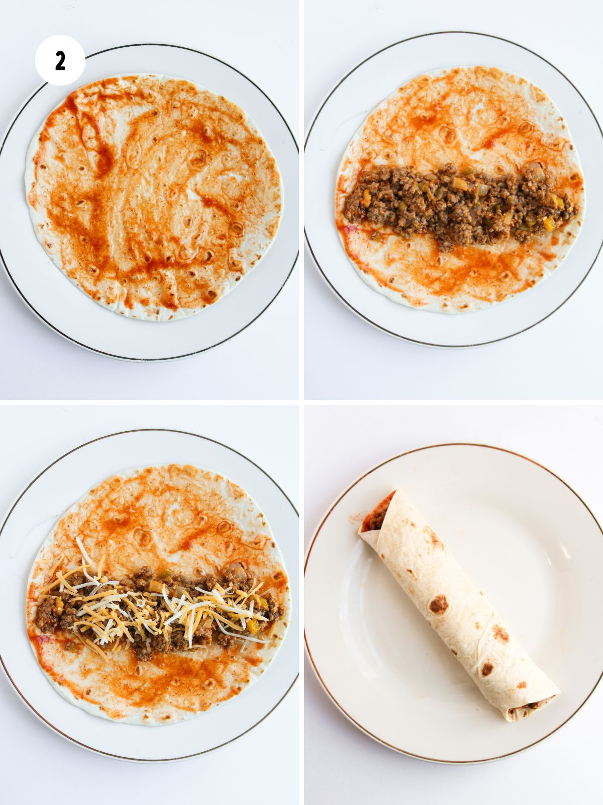 grid of 4 photos showing the tortilla being covered in sauce, filled with beef, then cheese then rolled up.