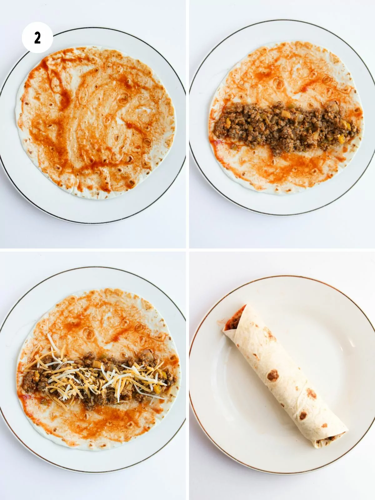 grid of 4 photos showing the tortilla being covered in sauce, filled with beef, then cheese then rolled up.