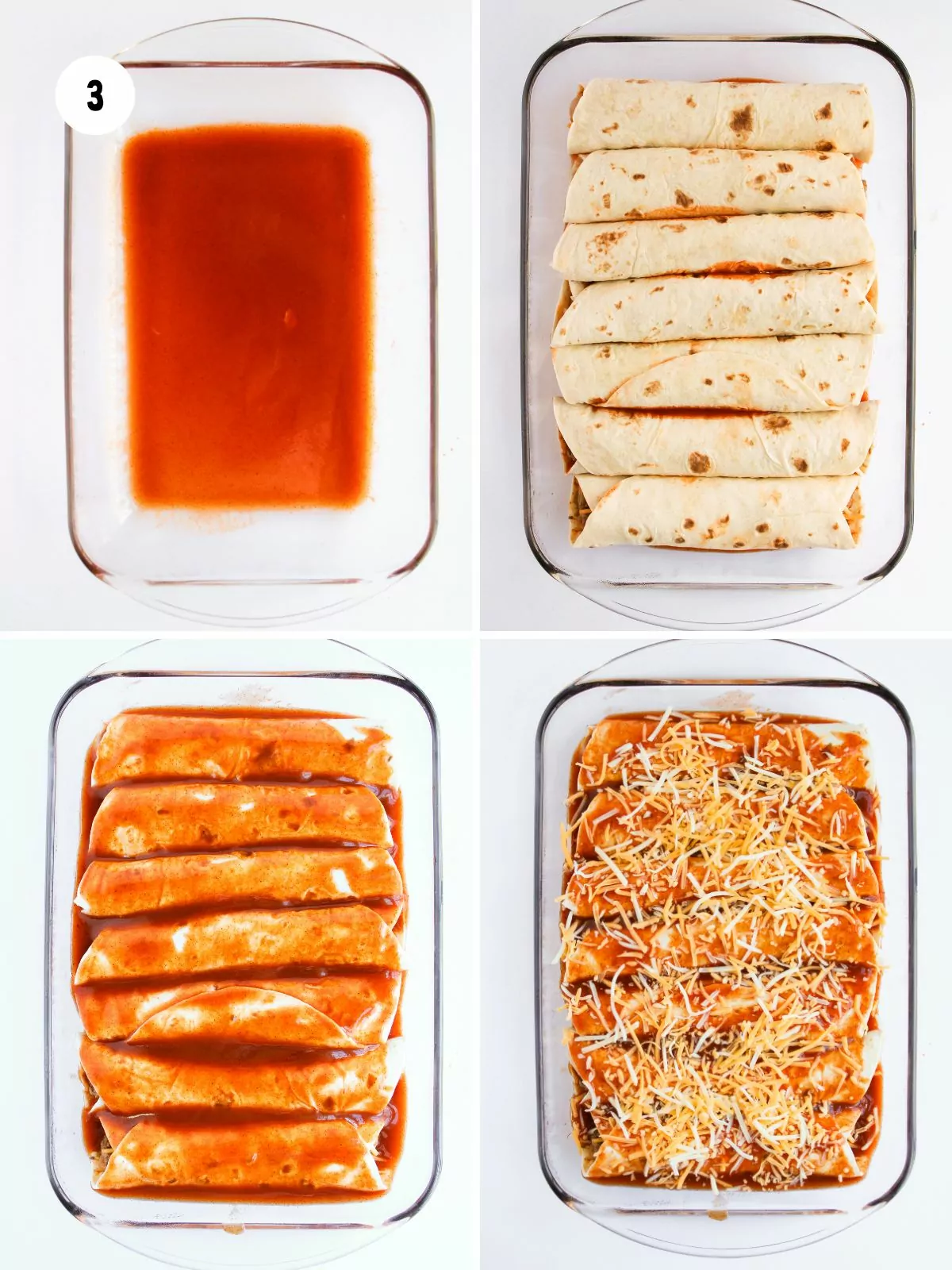 grid of 4 photos showing a glass baking dish with sauce in the bottom, the filled tortillas on top of the sauce, more sauce poured on top, then everything topped with shredded cheese