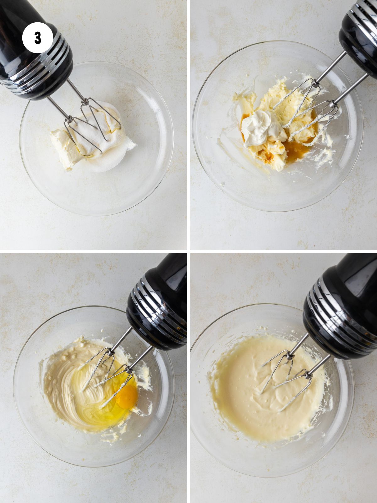 collage of steps making the cheesecake filling