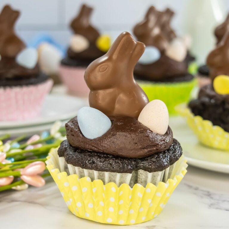 Chocolate Bunny on Chocolate Cupcakes with a yellow wrapper