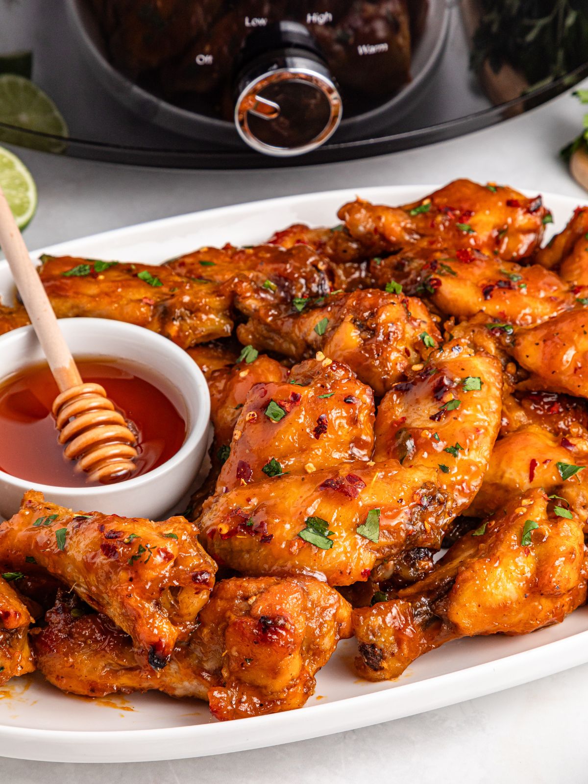 Honey Garlic Wings with a slow cooker in the background