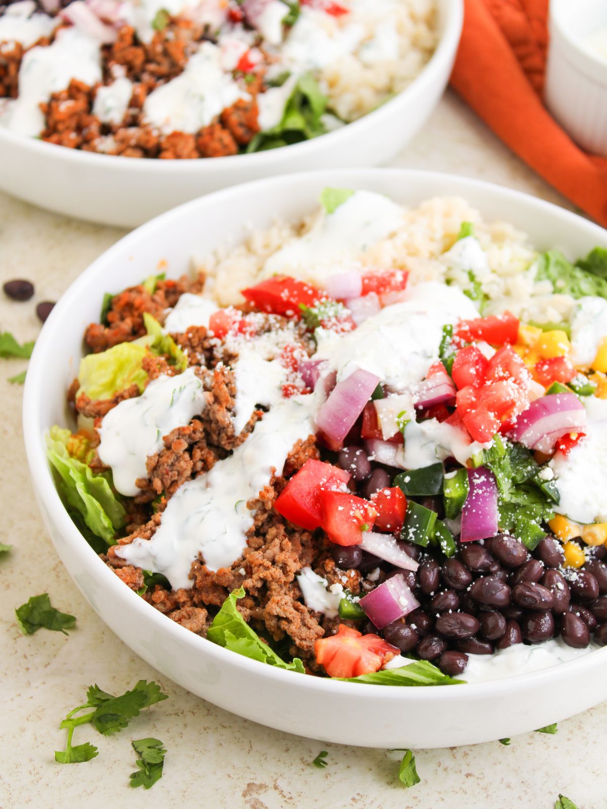 Taco Salad Bowls with ground beef, beans, and corn