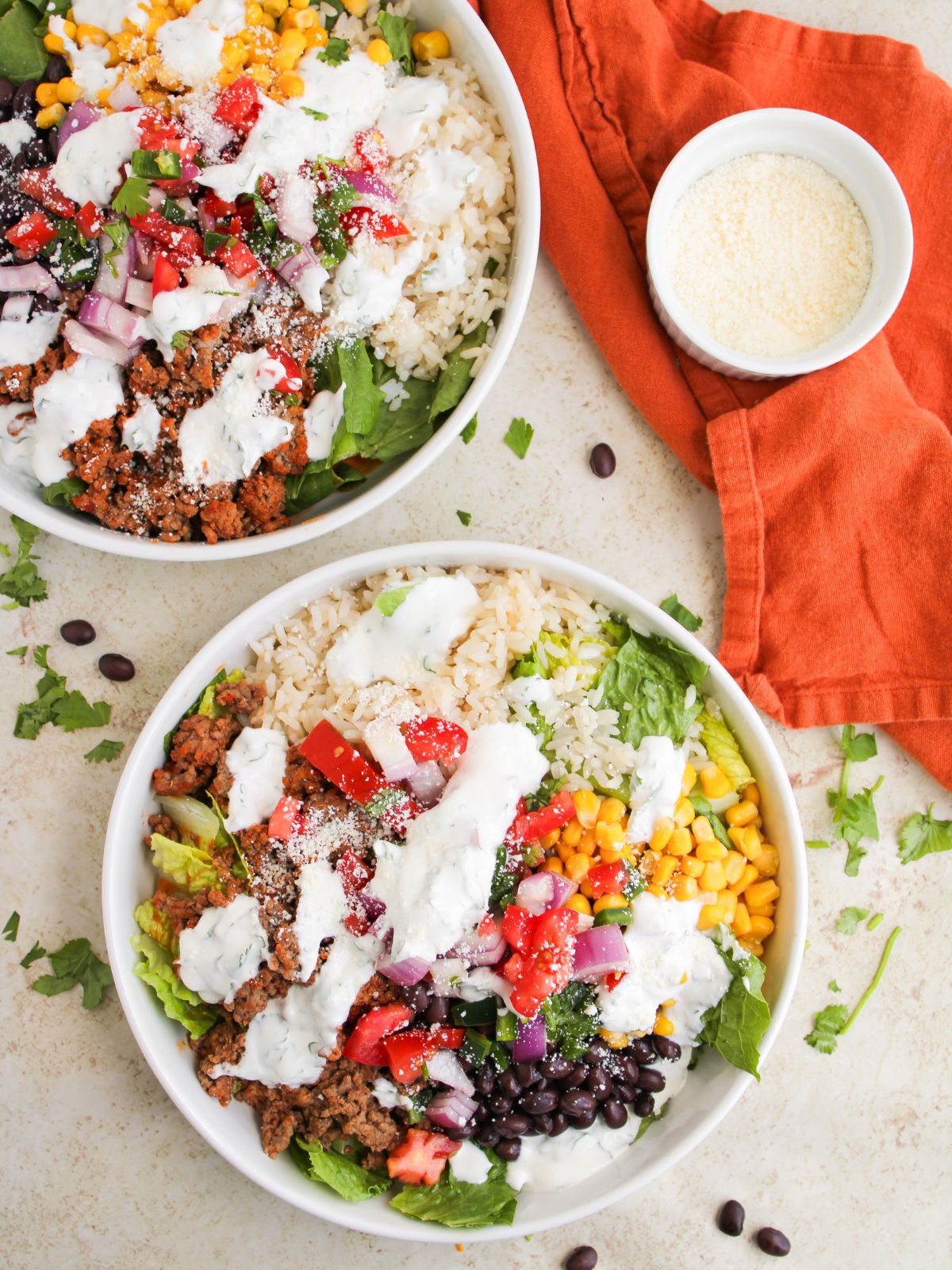 overhead view of taco salads