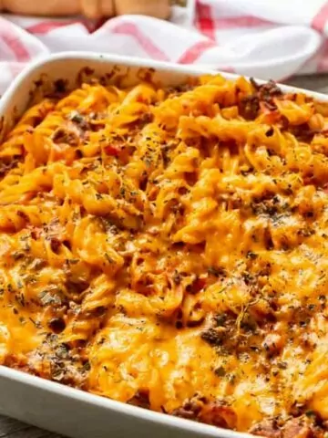 ground beef casserole in white dish MSN.