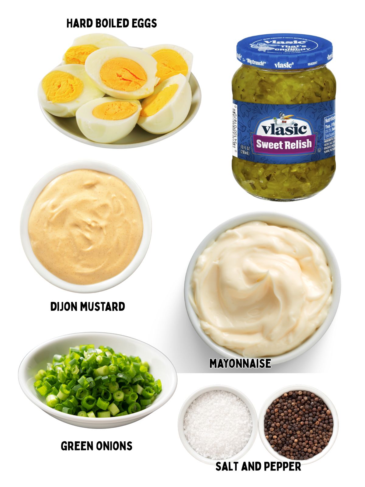 Ingredients in small bowls for egg salad.