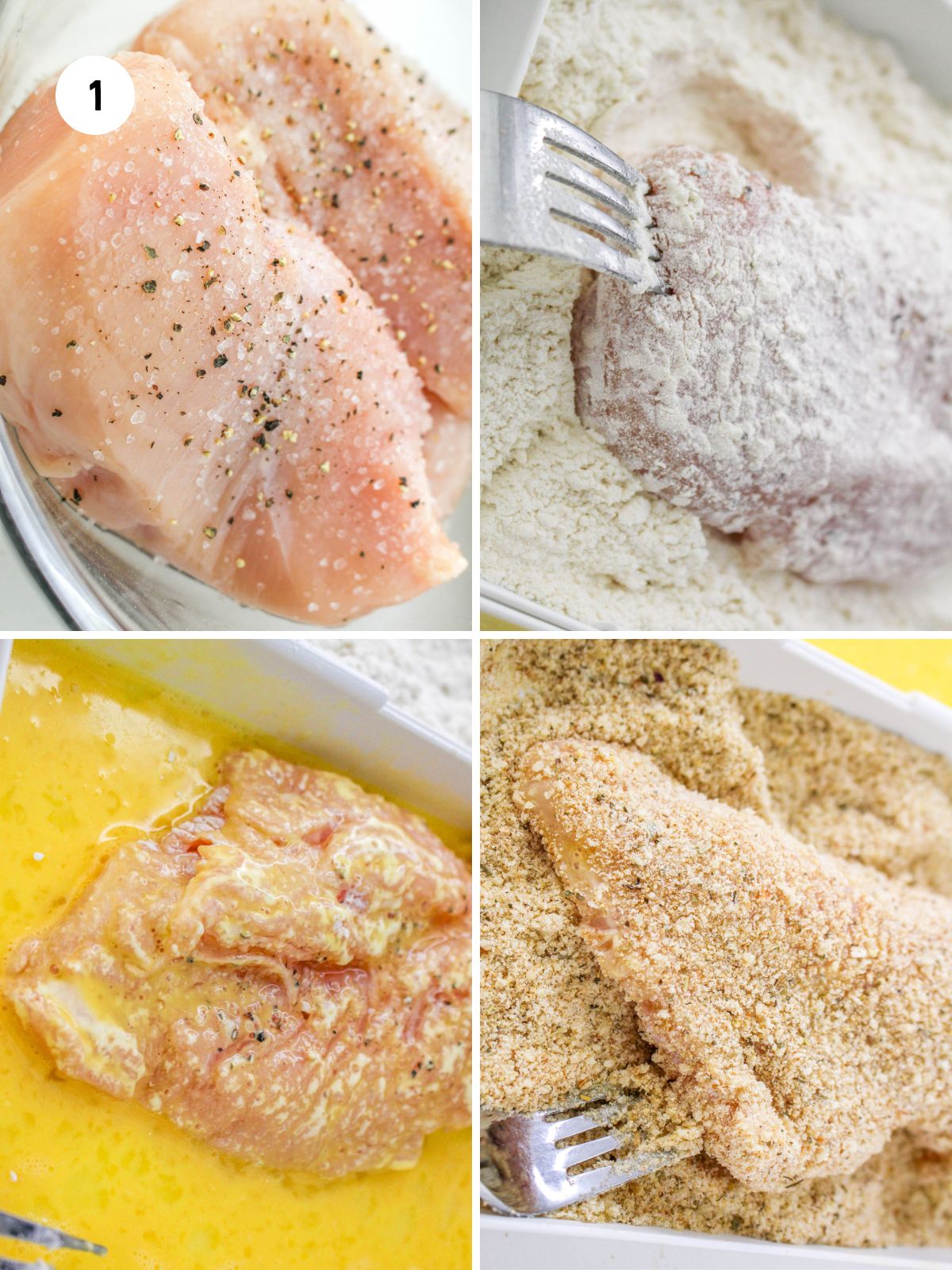 collage of steps breading chicken