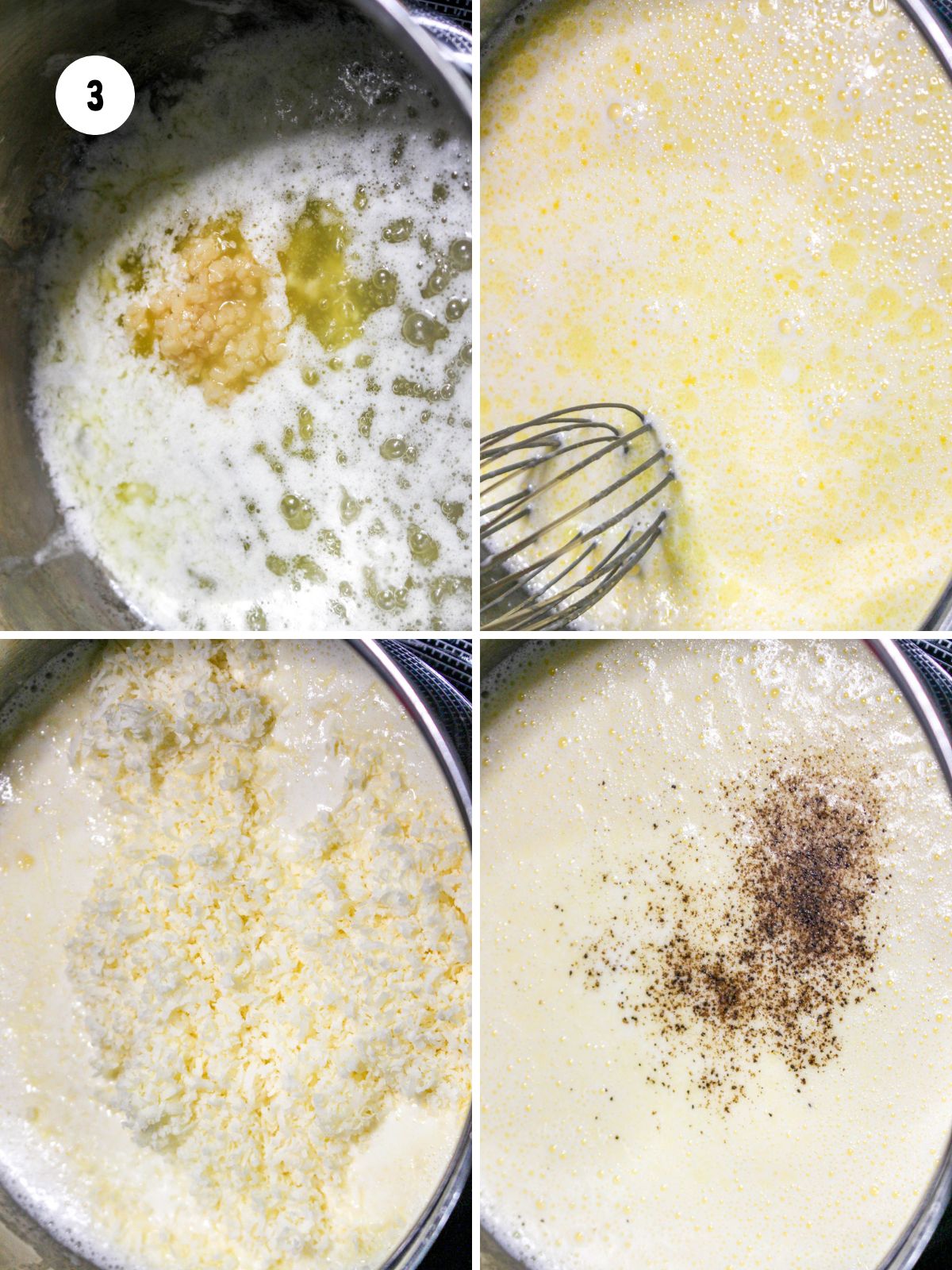 collage of steps making Alfredo sauce