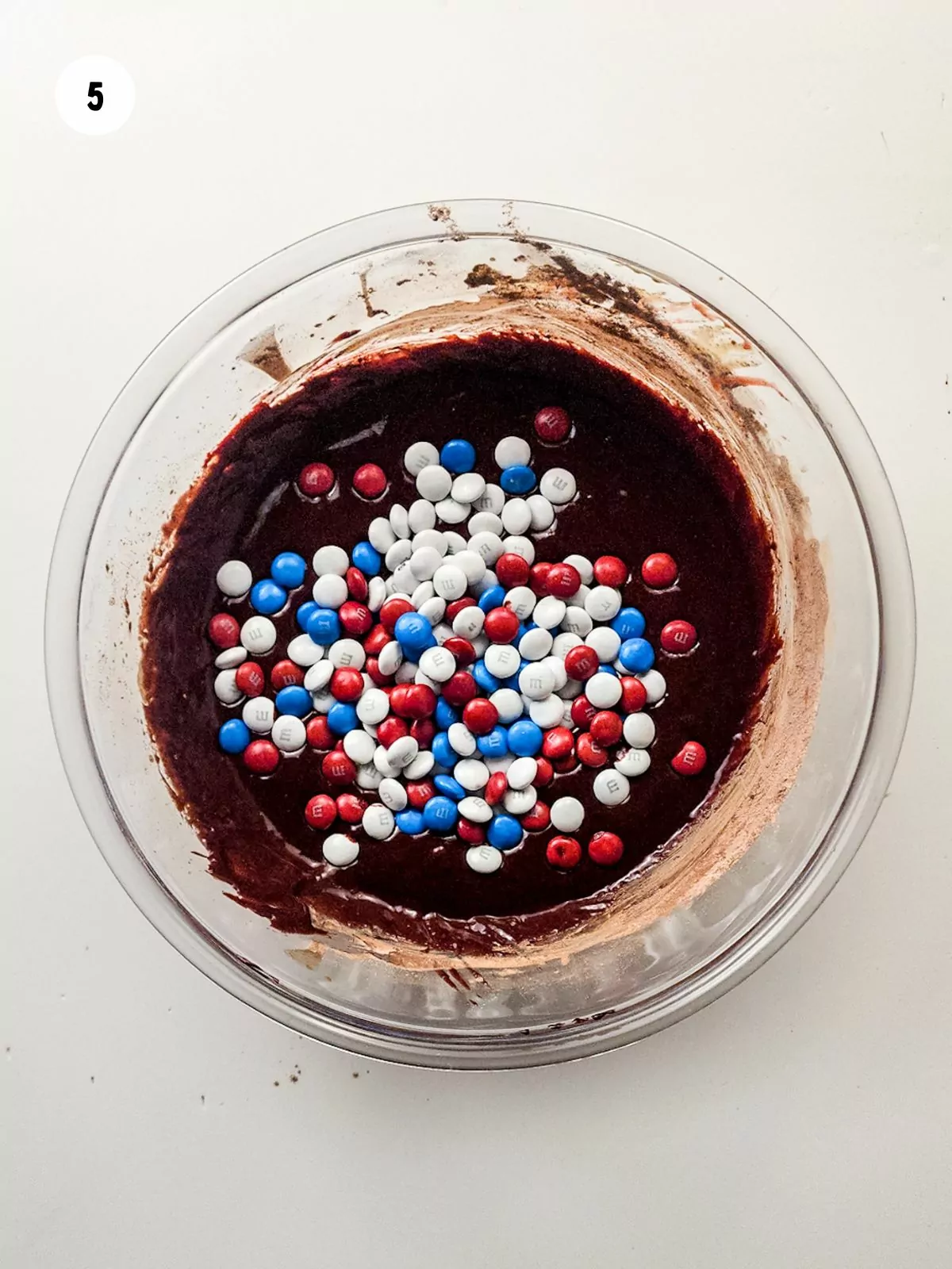 red white and blue m&m's added to the brownie batter