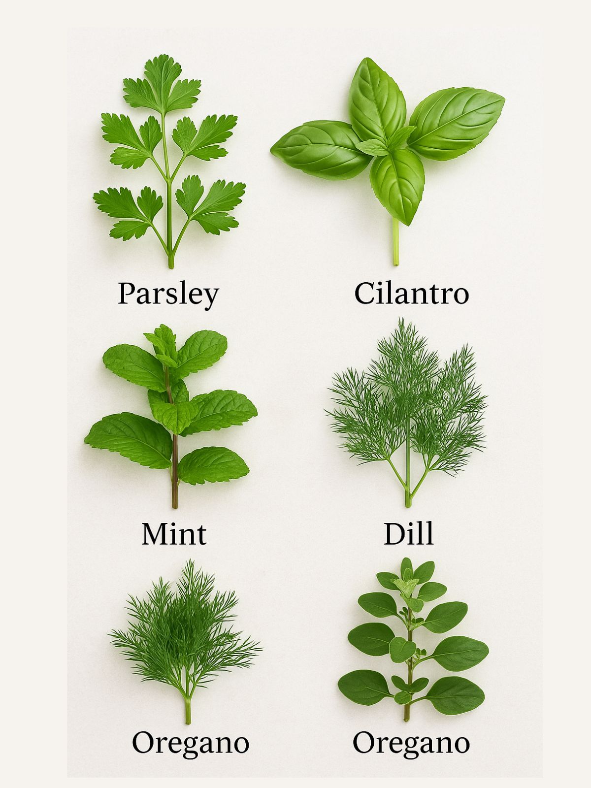 6 different herbs with names underneath them.