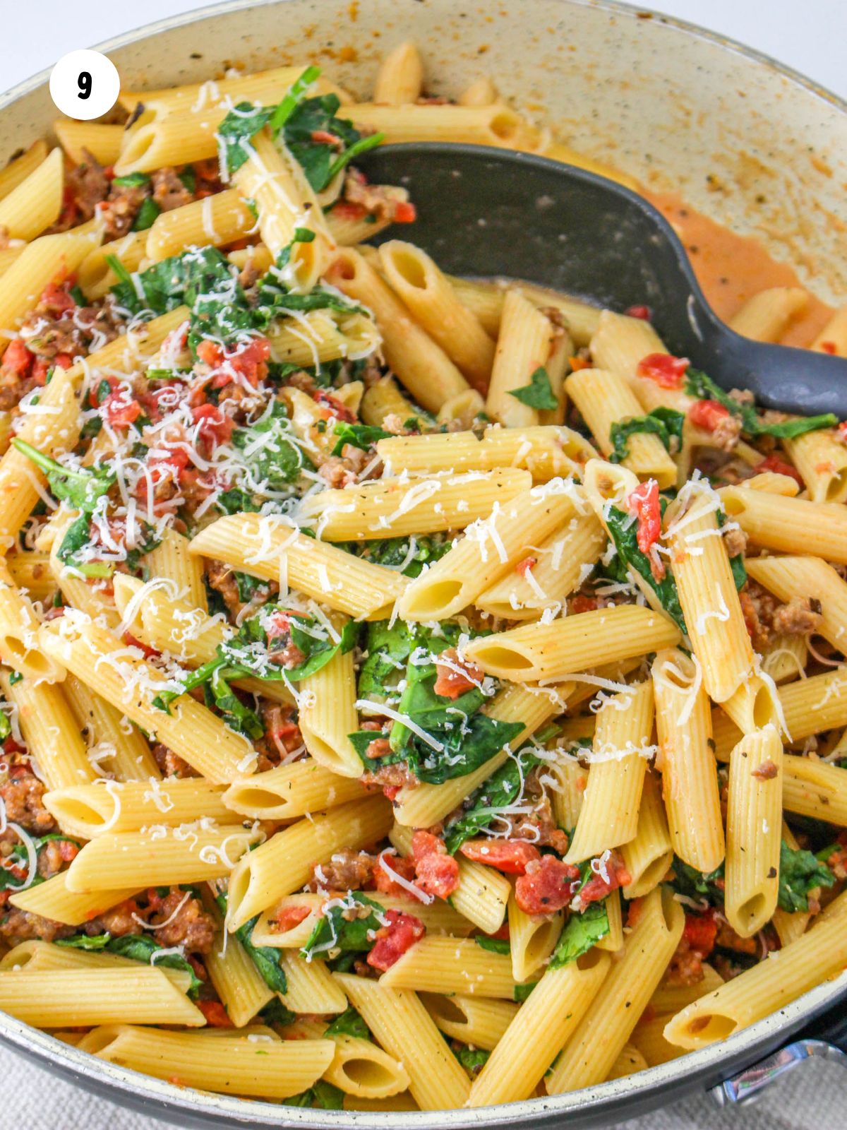 parmesan sprinkled on top of the finished dish in the pan