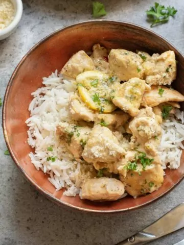 Garlic Chicken Bites served over rice