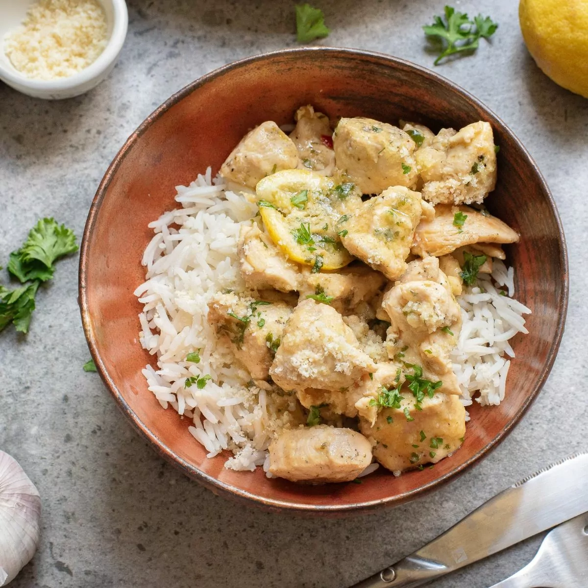 Garlic Chicken Bites served over rice