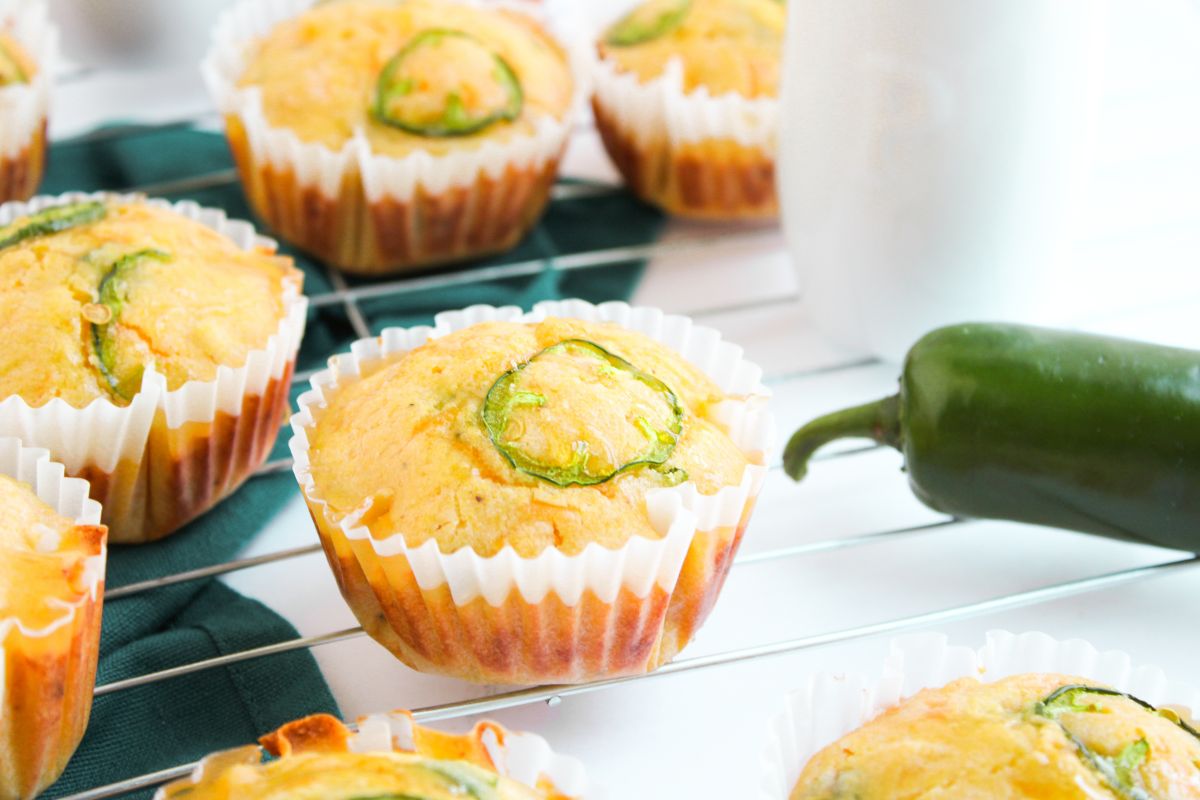 Jalapeno Corn Muffins on a wire rack