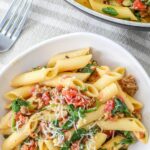 One-Pot Creamy Sausage Pasta with Spinach Pin