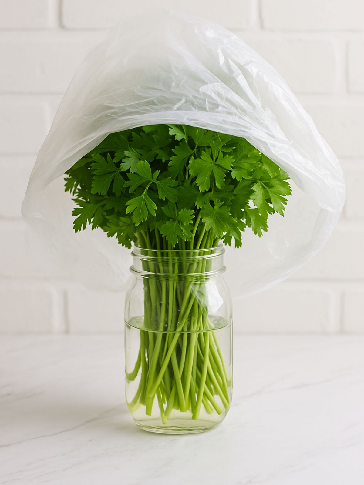parsley in jar with water and plastic bag on top.