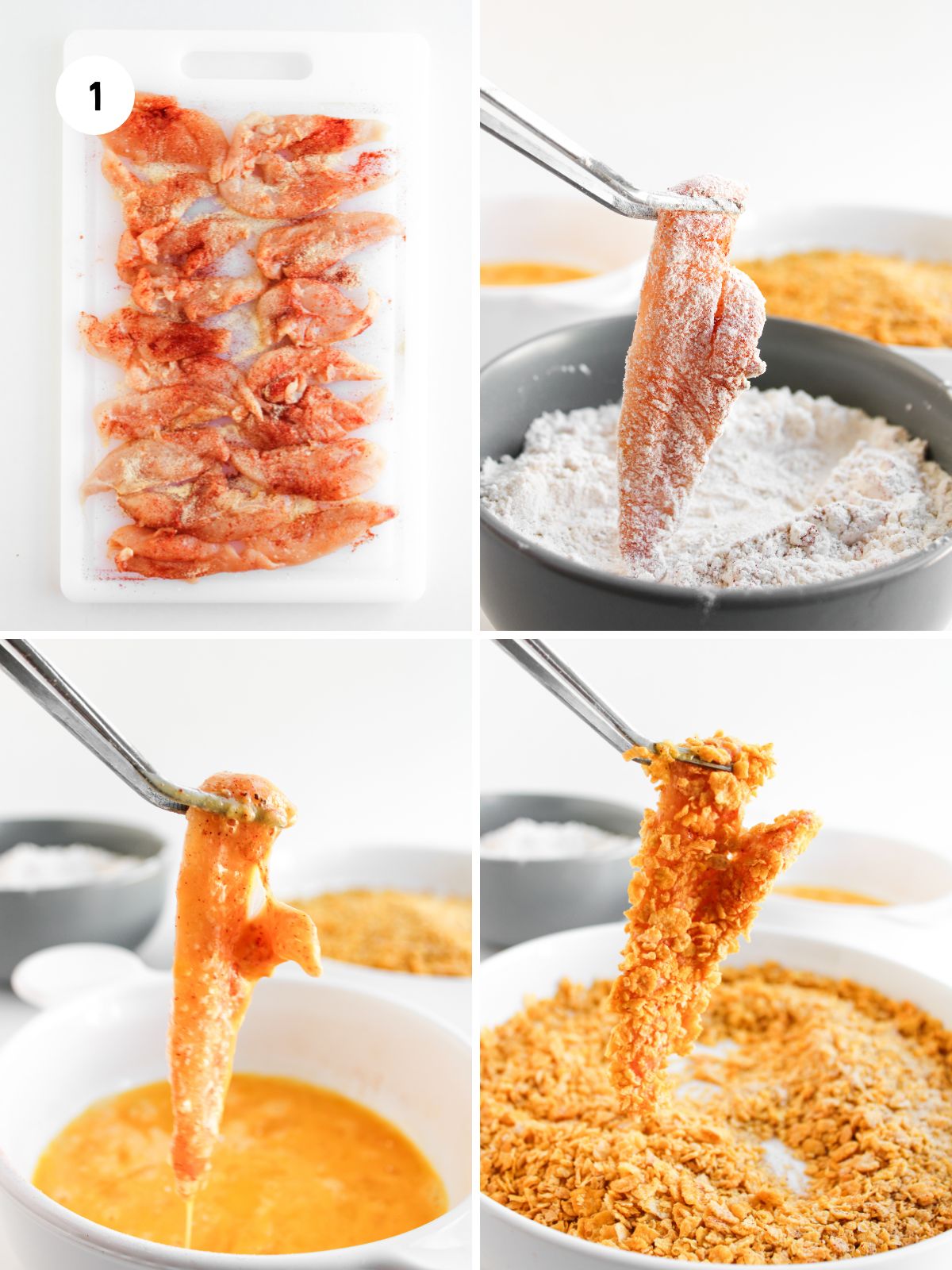 Collage of photos showing chicken tenders seasoned and dredged in flour, then egg wash, then crushed cornflakes.