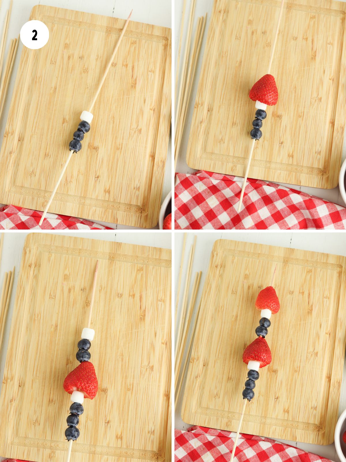 Steps to assemble the fruit kabobs starting with 3 blueberries and a marshmallow, then a strawberry added, then 2 blueberries and a marshmallow and a strawberry added.