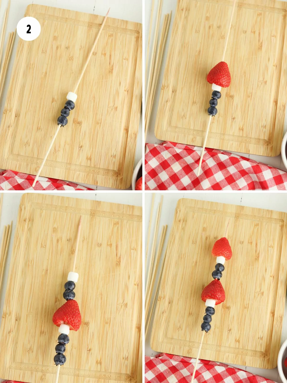 Steps to assemble the fruit kabobs starting with 3 blueberries and a marshmallow, then a strawberry added, then 2 blueberries and a marshmallow and a strawberry added.