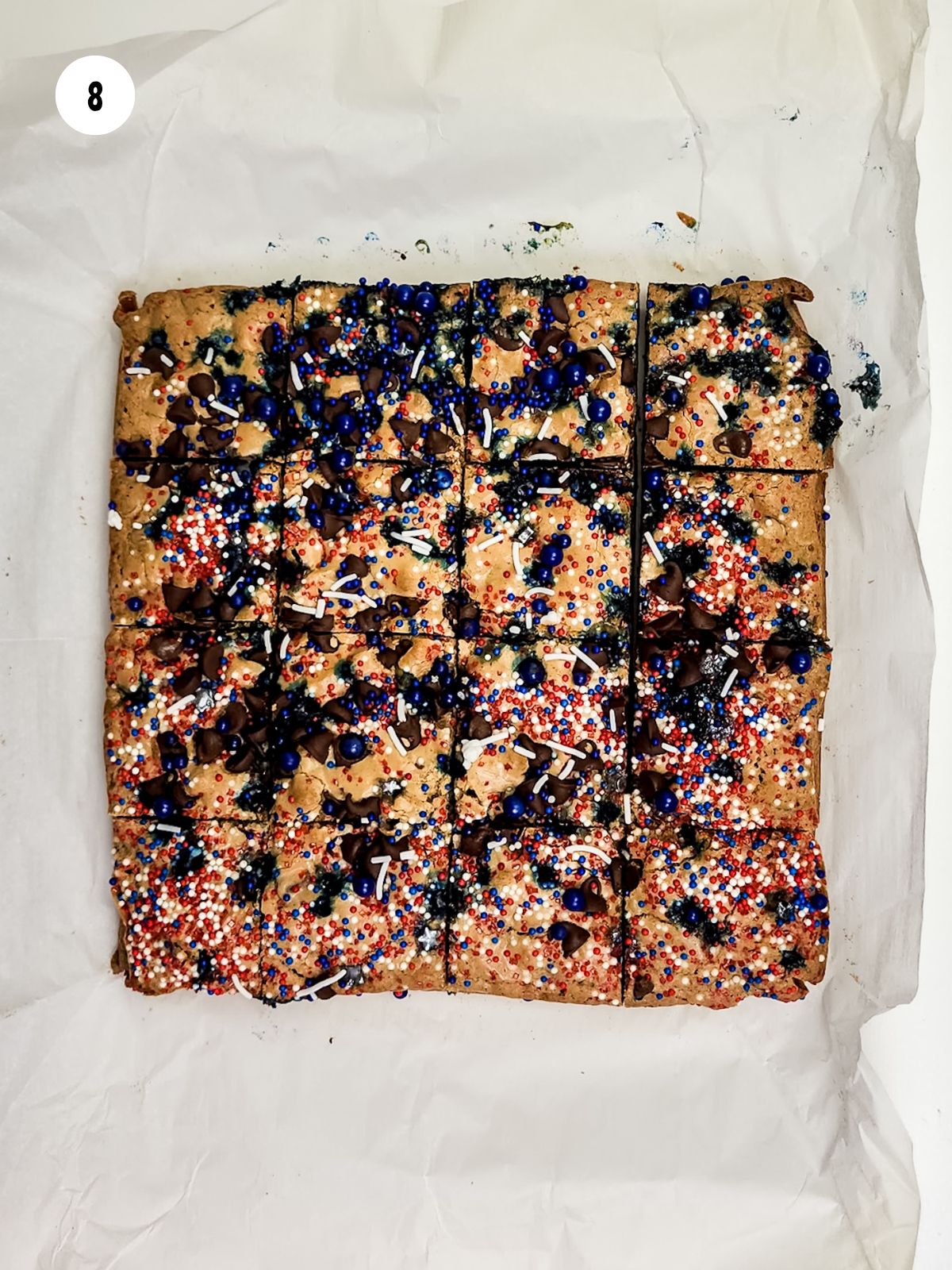 Chocolate chip cookies cut into bars.