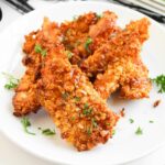 Honey bbq chicken tenders coated in corn flake batter.