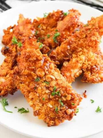 Honey bbq chicken tenders coated in corn flake batter.