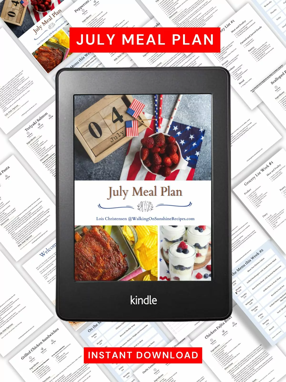 Kindle of July Meal Plan with individual recipe pages.