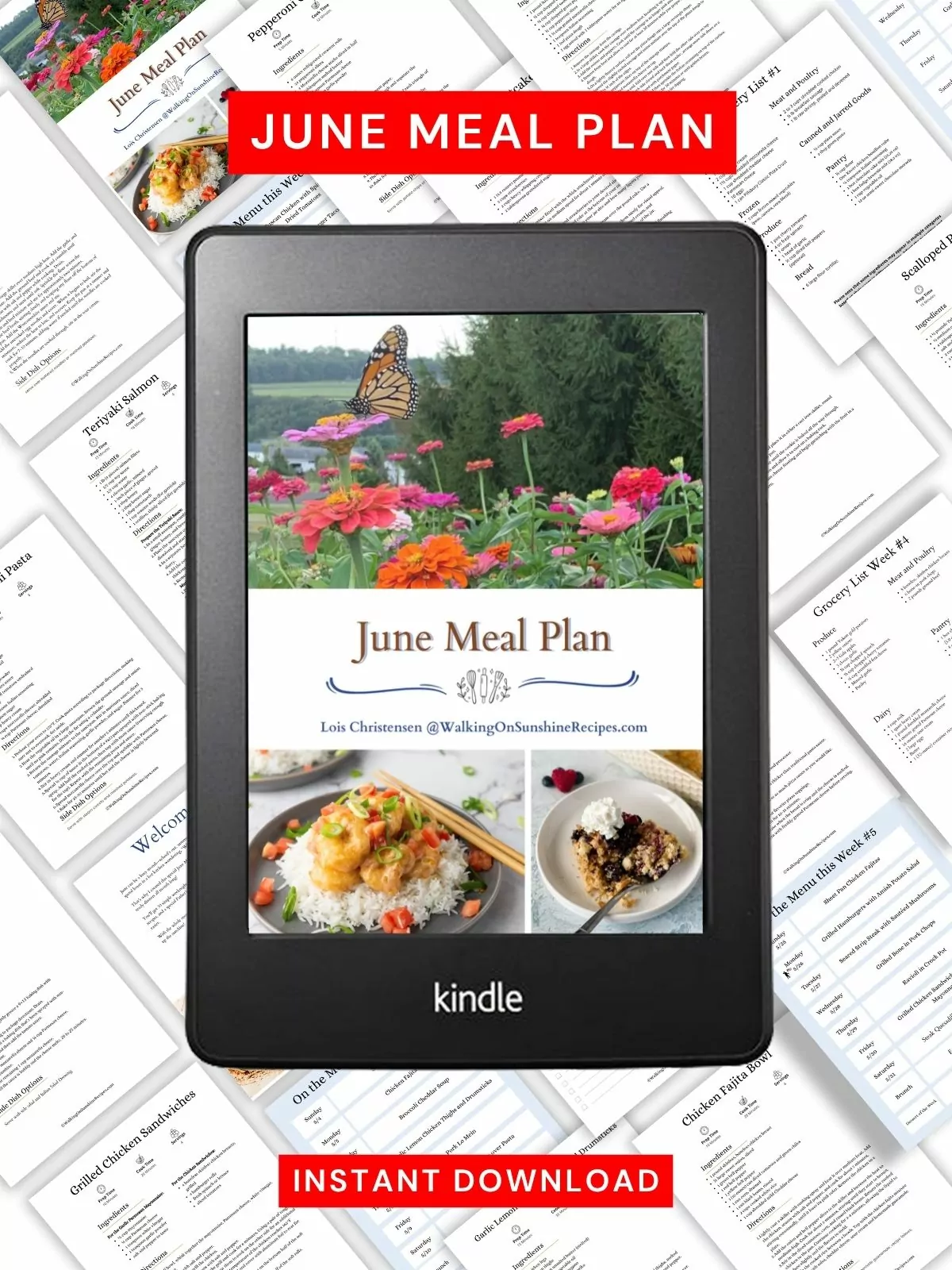 June meal plan in tablet on top of individual pages of the meal plan.