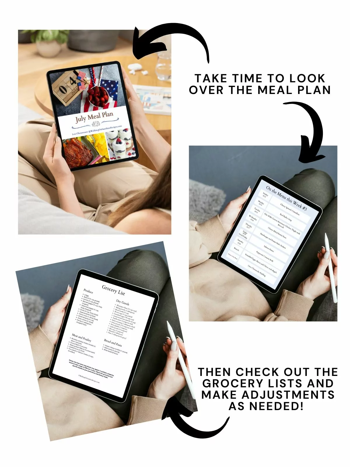 3 different Kindle views of the July meal plan.