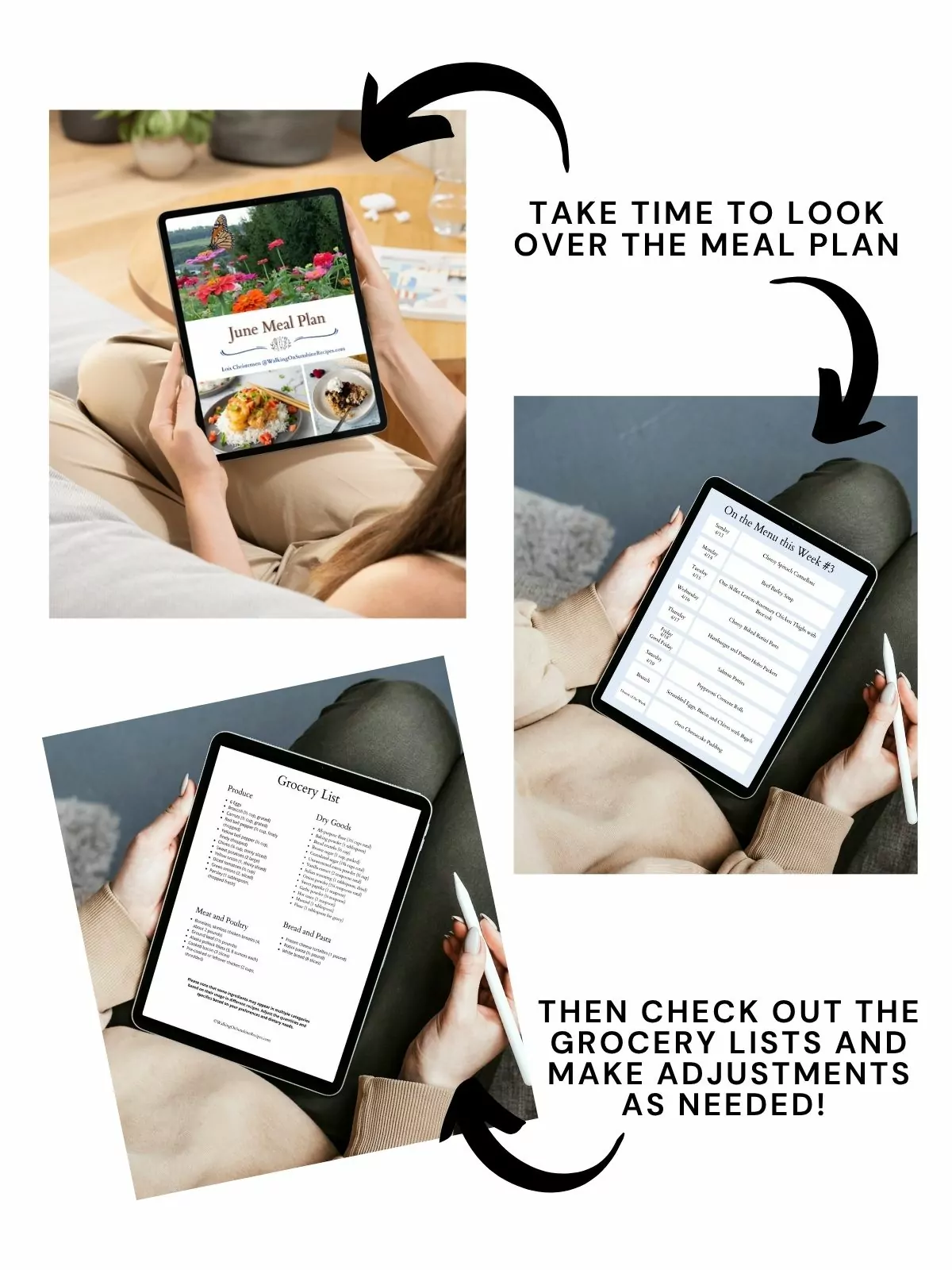 3 individual photos of the June meal plan in tablets.