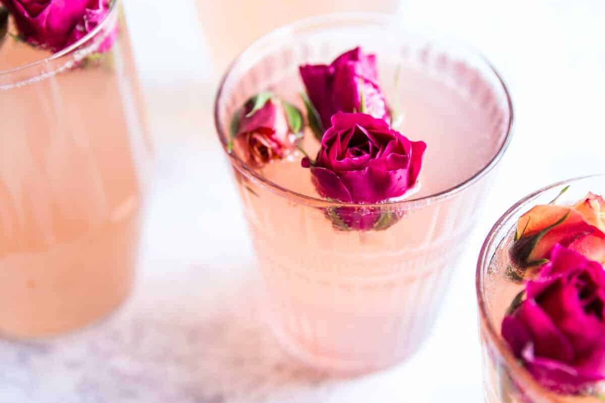 glasses of Rose Lemon Spritzer with rose toppings