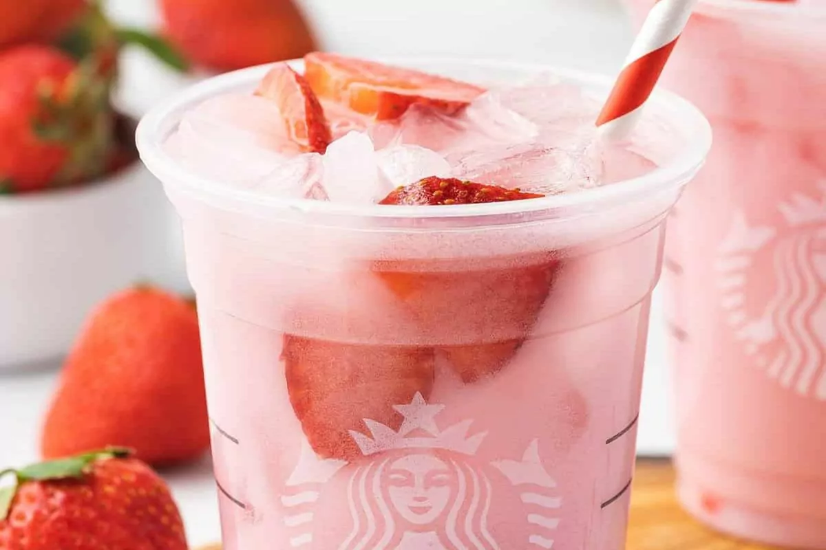 Starbucks Pink Drink with strawberry toppings
