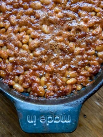 baked beans in cast iron skillet.