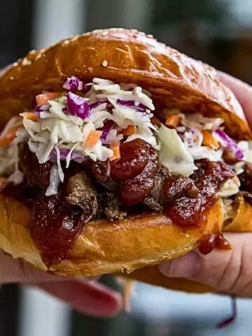 holding barbecue sandwich with sauce and coleslaw MSN.