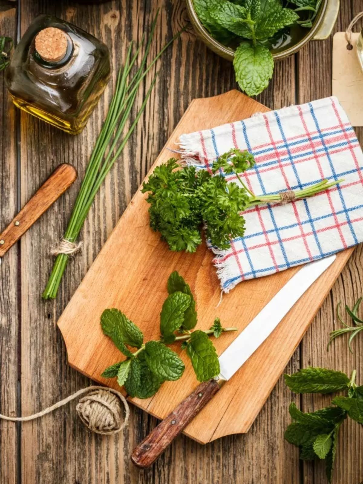 herbs on cutting board.