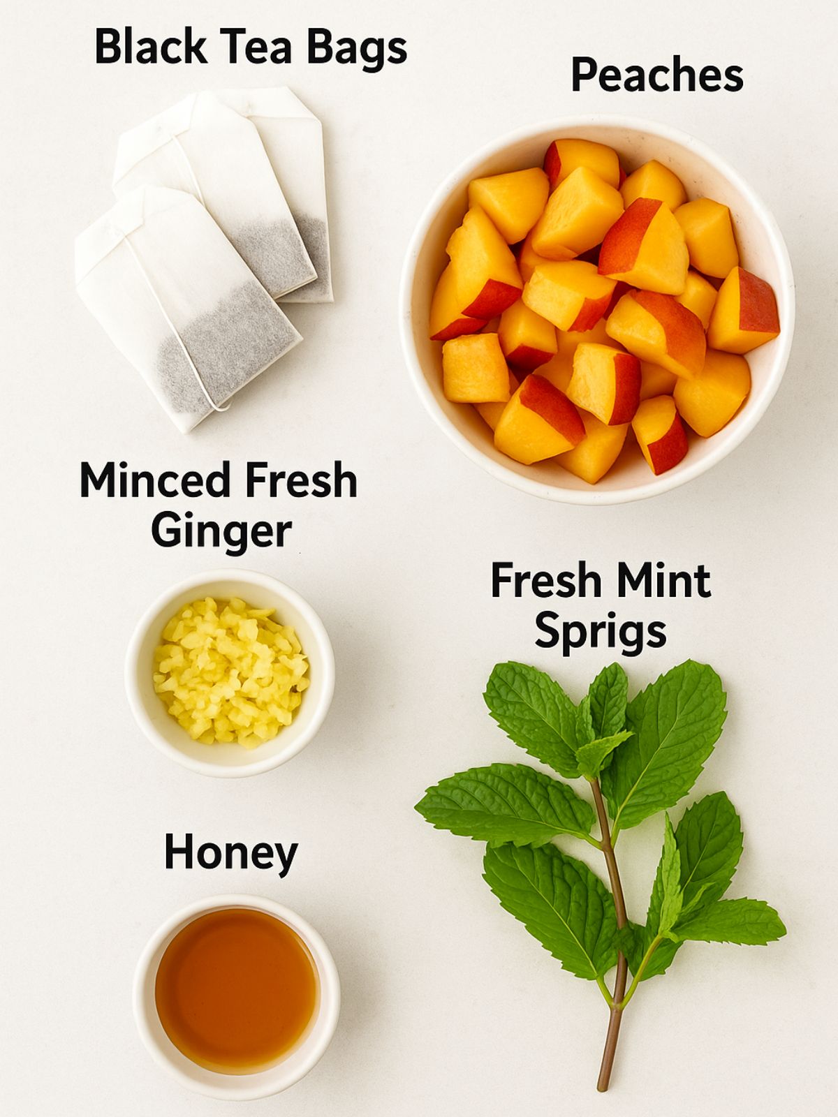 ingredients in bowls for peach iced tea.