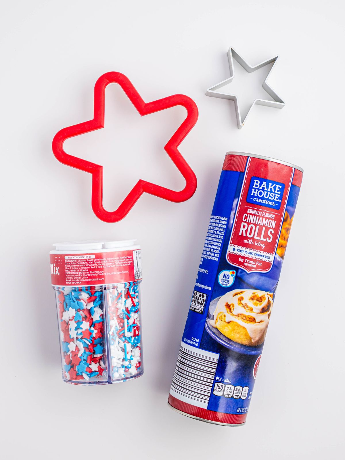 ingredients canned cinnamon rolls, sprinkles and star shaped cookie cutter.