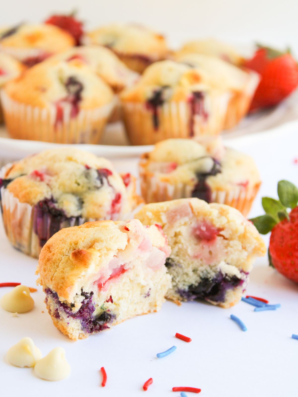 4th of July Muffin cut in half to show the inside of the muffin