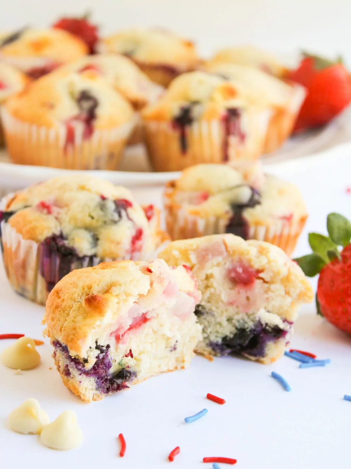 4th of July Muffin cut in half to show the inside of the muffin