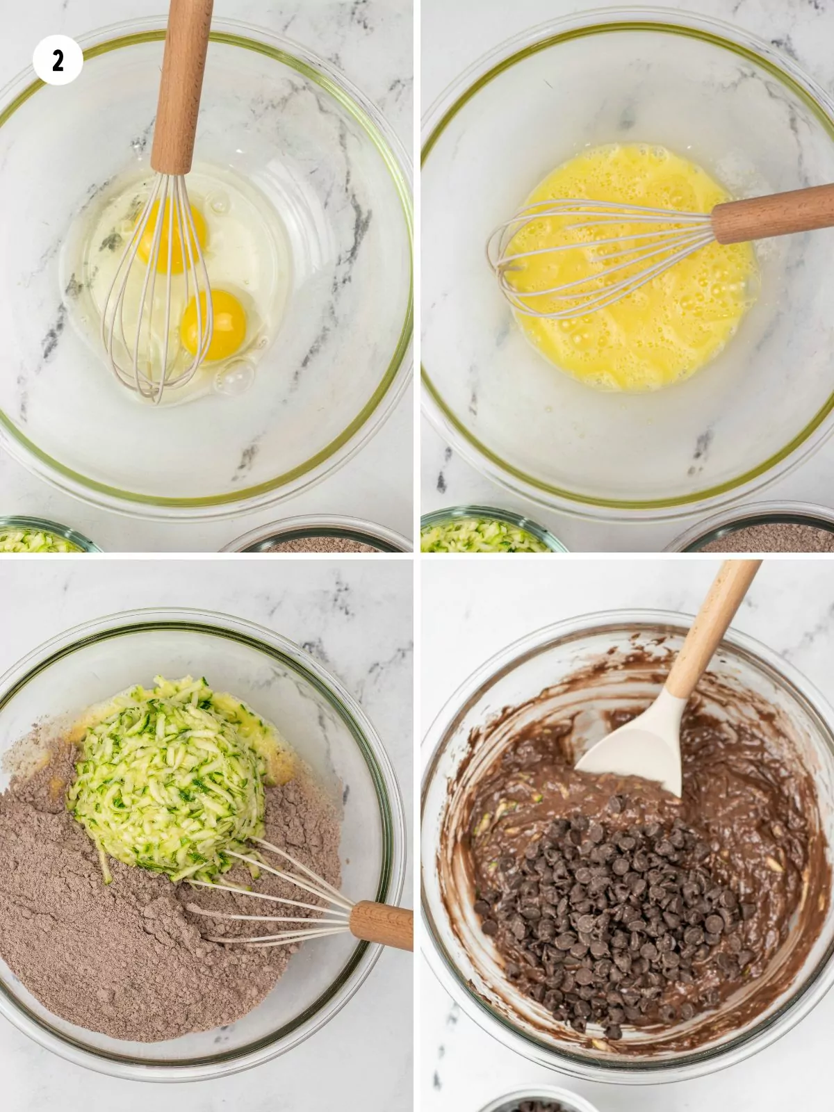 Process photos of mixing batter for chocolate zucchini cake.