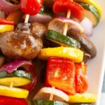 Closeup of air fried veggie kabobs.