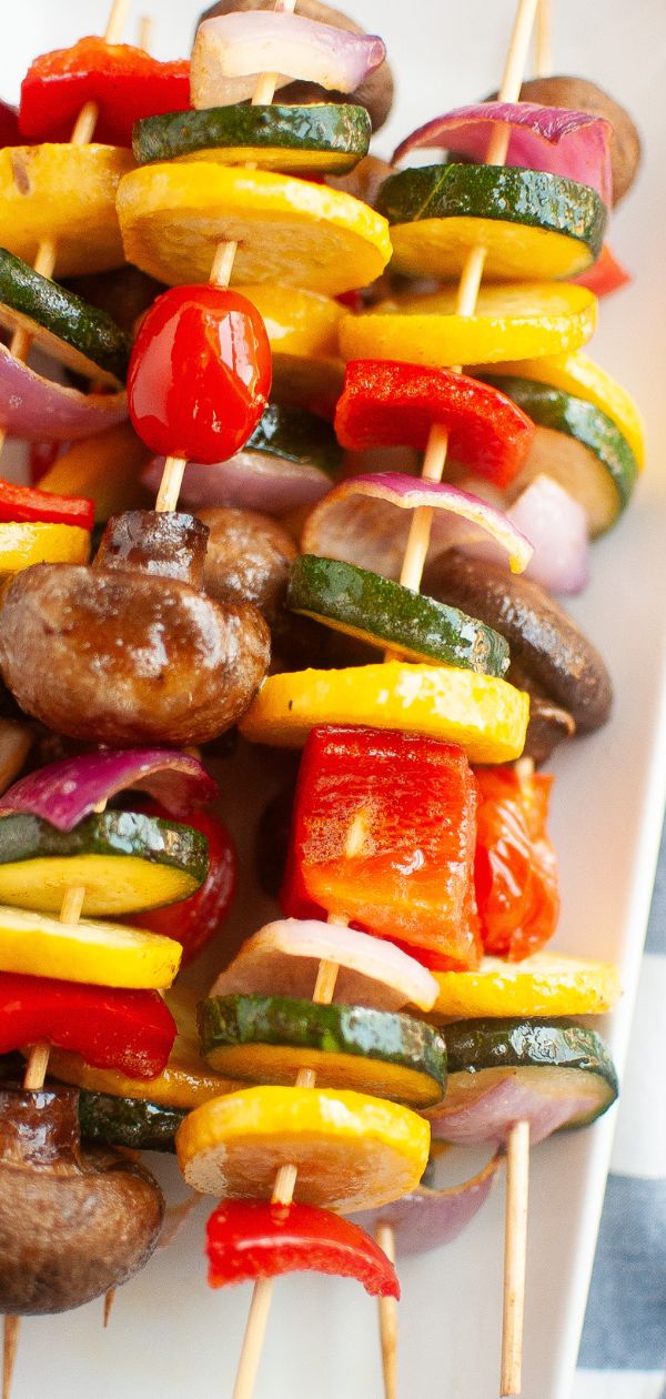 Closeup of air fried veggie kabobs.