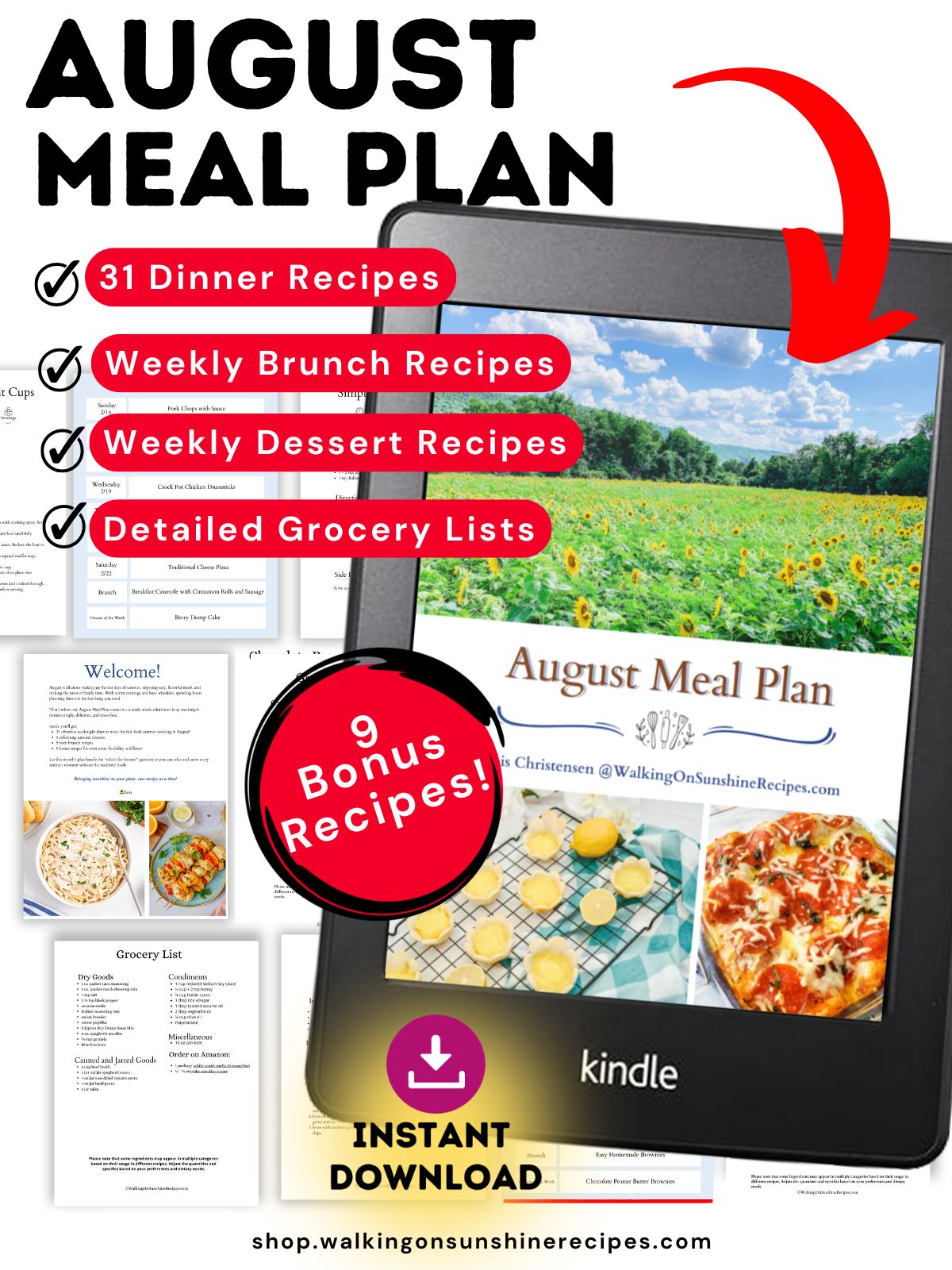 August meal plan Kindle with individual pages in background.