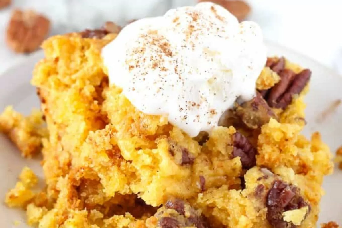 bowl of Crockpot Pumpkin Dump Cake with ice cream on top