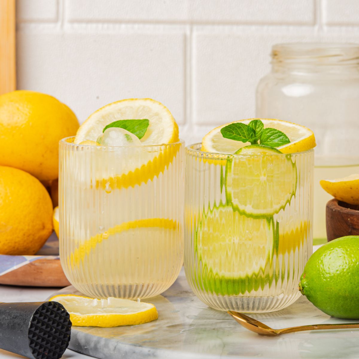 2 glasses of lemon lime water with fresh mint and fresh fruit slices.
