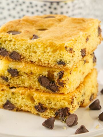 stacked bar cookies made from a cake mix with chocolate chips.