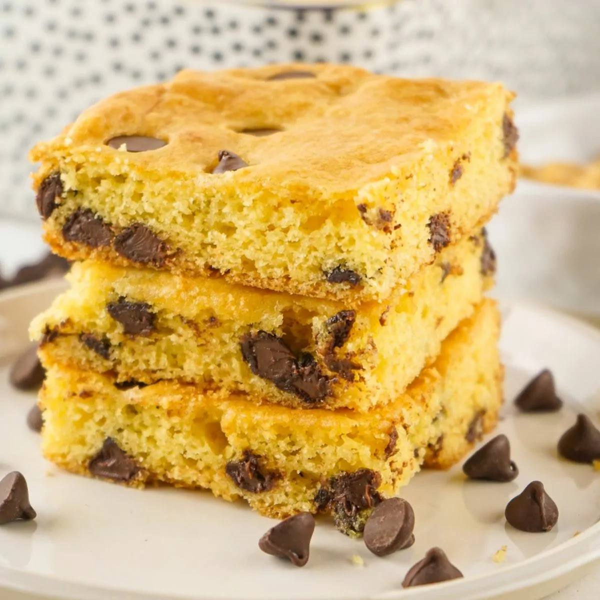 stacked bar cookies made from a cake mix with chocolate chips.
