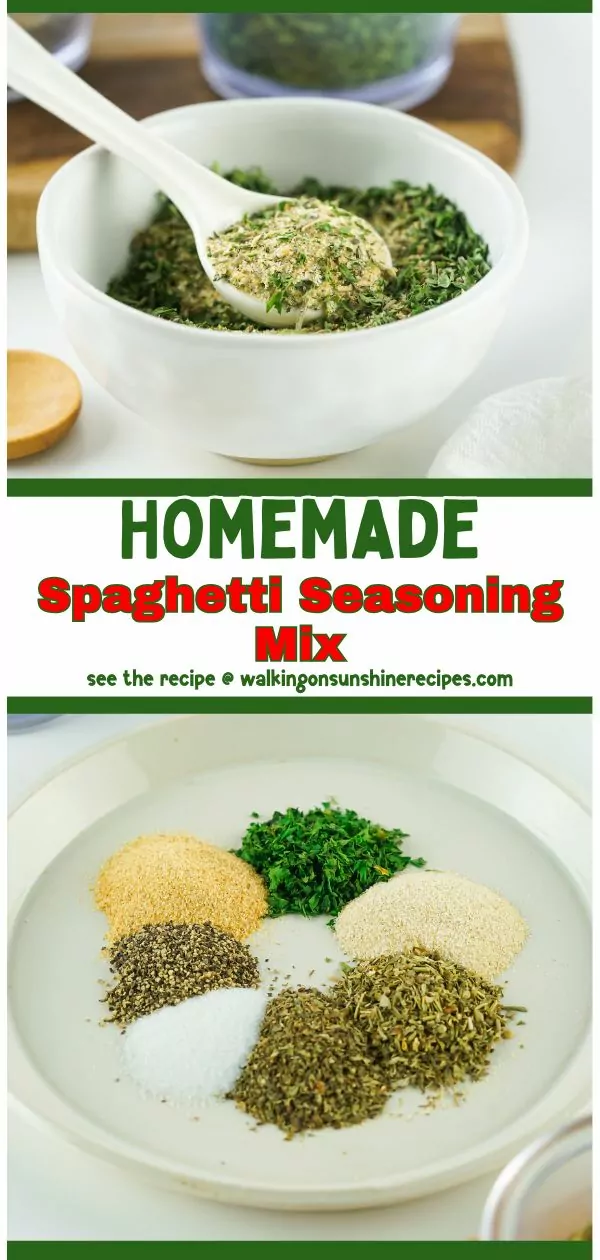2 collage pinterest pin of spaghetti seasoning dry mix.